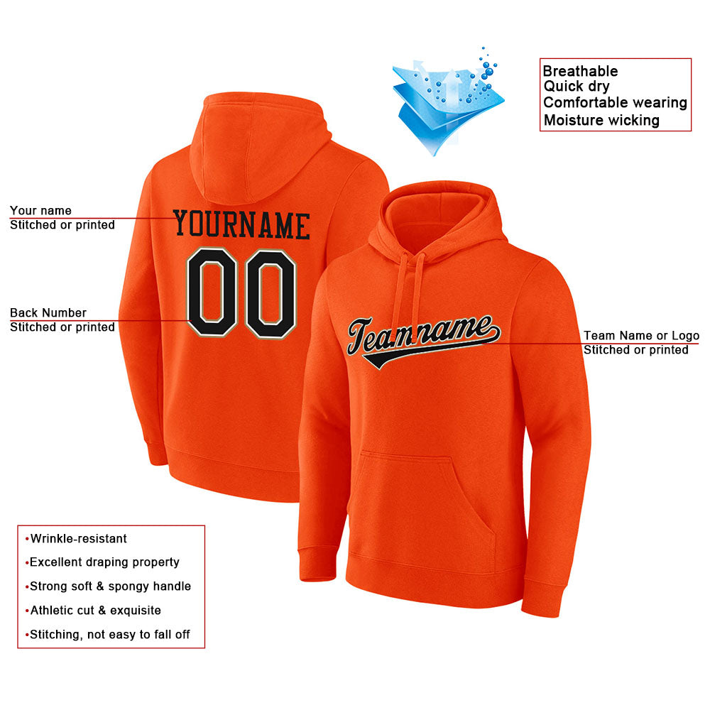 custom authentic pullover sweatshirt hoodie orange-black-white-gold