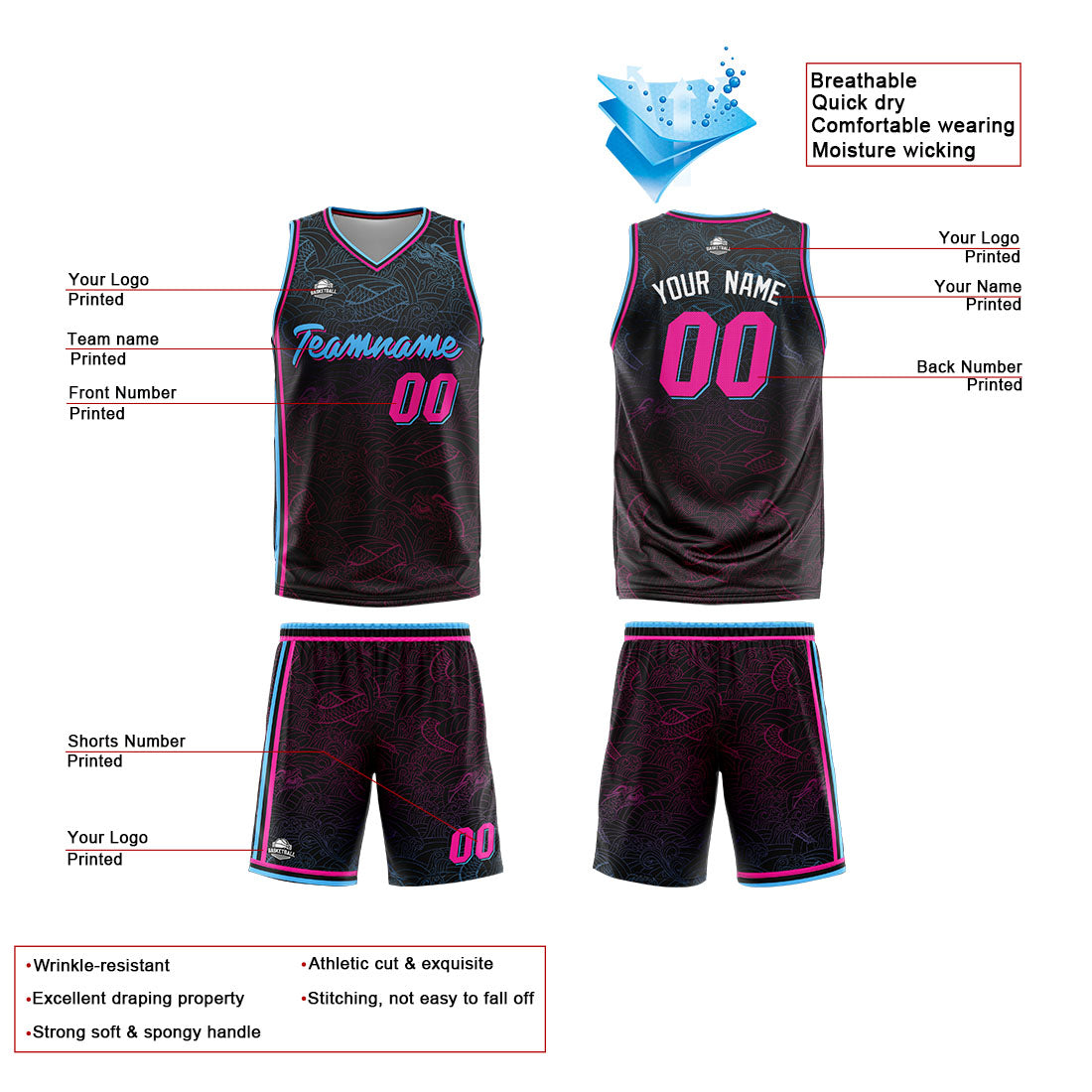 Custom Reversible Basketball Suit for Adults and Kids Personalized Jersey Black-White