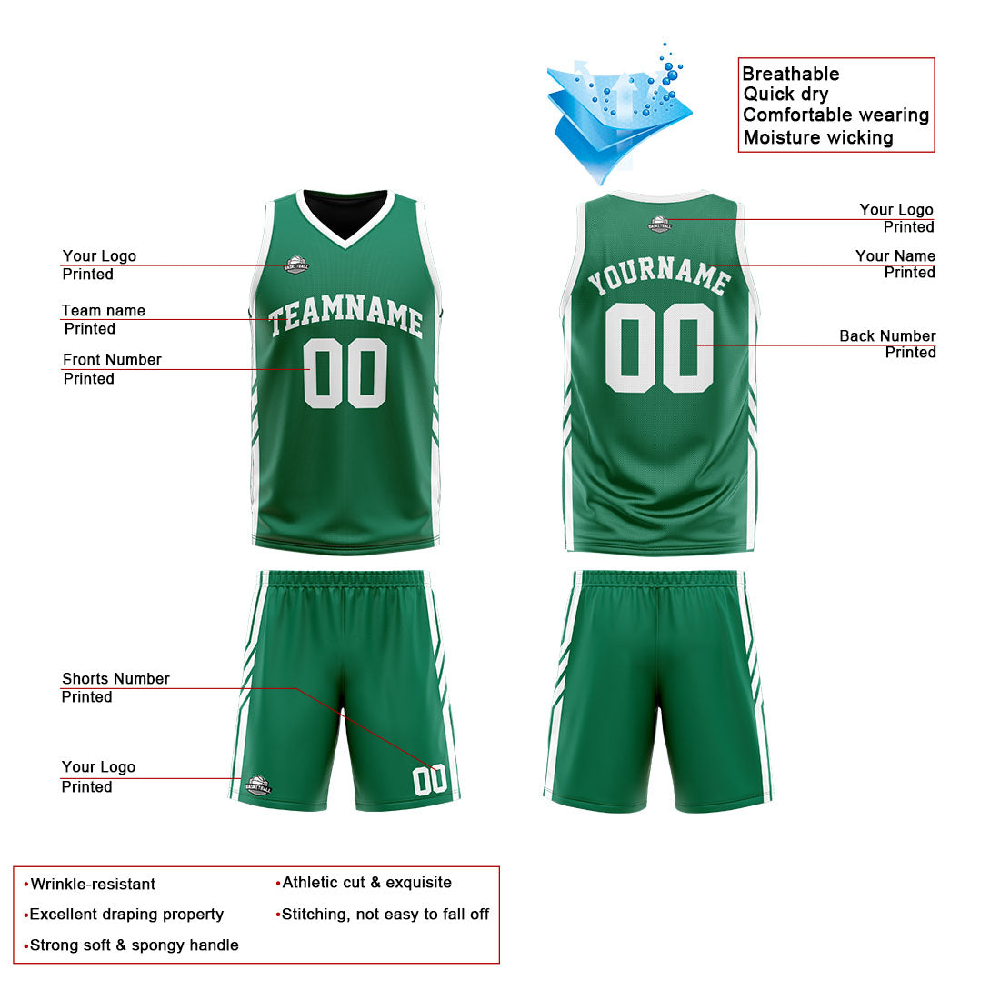 Custom Reversible Basketball Suit for Adults and Kids Personalized Jersey Green-Black