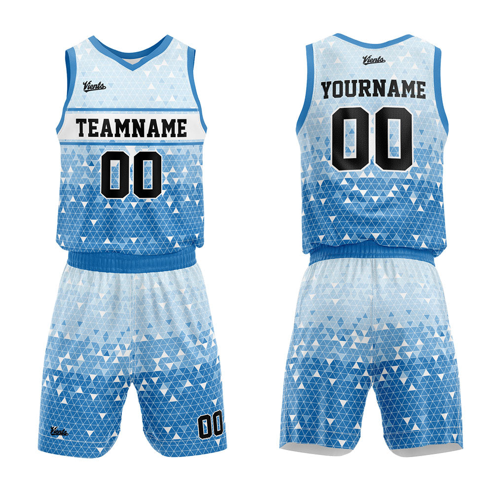 custom triangular gradient basketball suit for adults and kids  personalized jersey blue