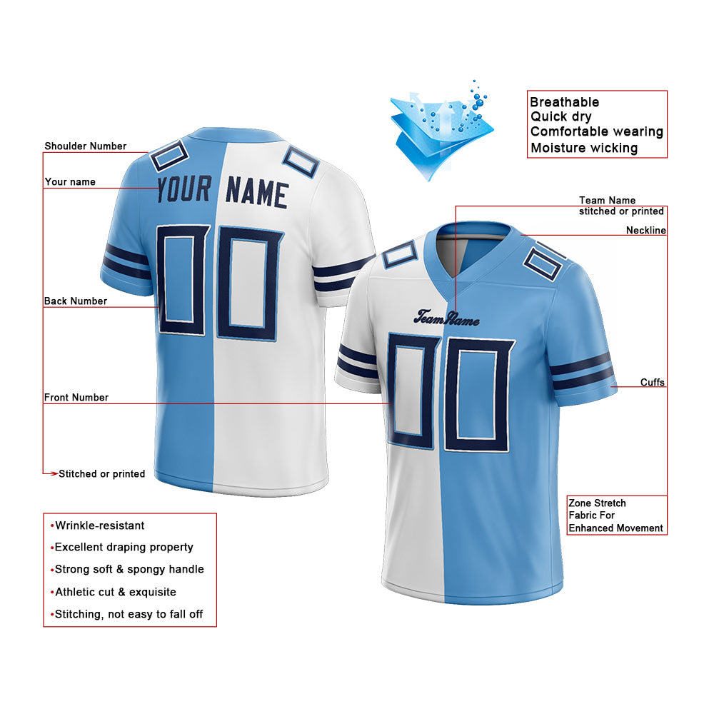 custom authentic split fashion football jersey light blue-white-navy mesh