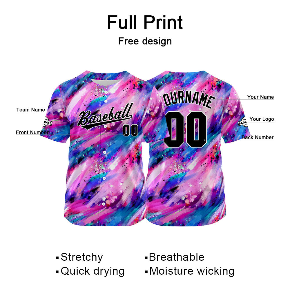 Custom Full Print Design Baseball Jersey pink-blue