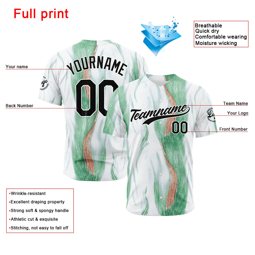 Custom Full Print Design Baseball Jersey White-Green