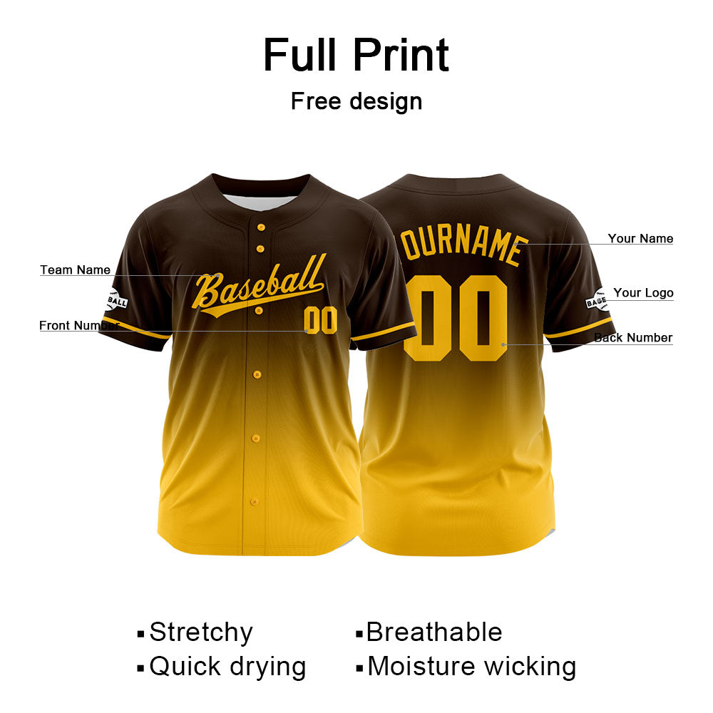 Custom Full Print Design Baseball Jersey yellow-brown