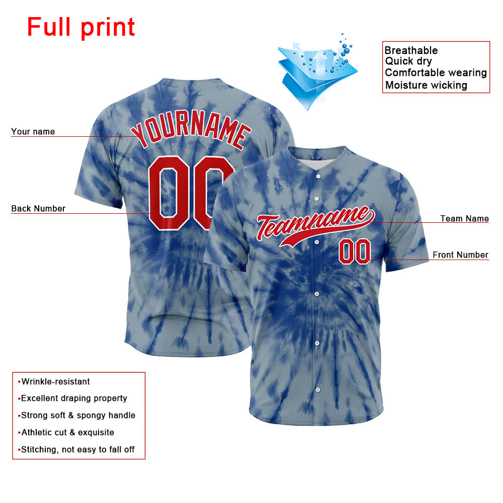 Custom Full Print Design Baseball Jersey Grey blue tie-dyed