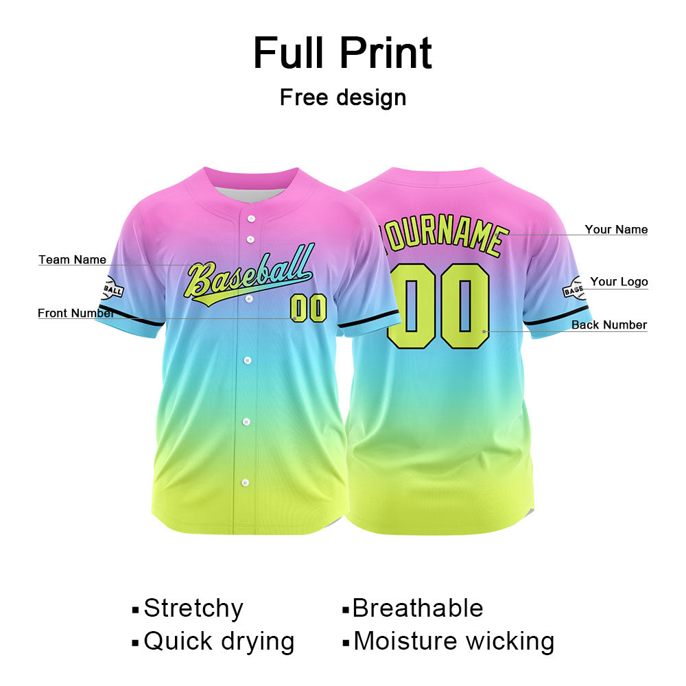 Custom Full Print Design Baseball Jersey yellow-light blue-pink purple