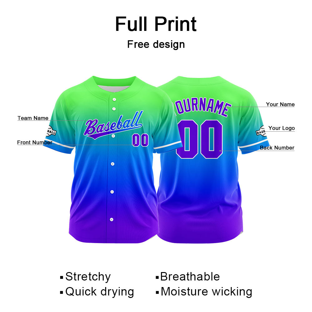 Custom Full Print Design Baseball Jersey purple-blue-green