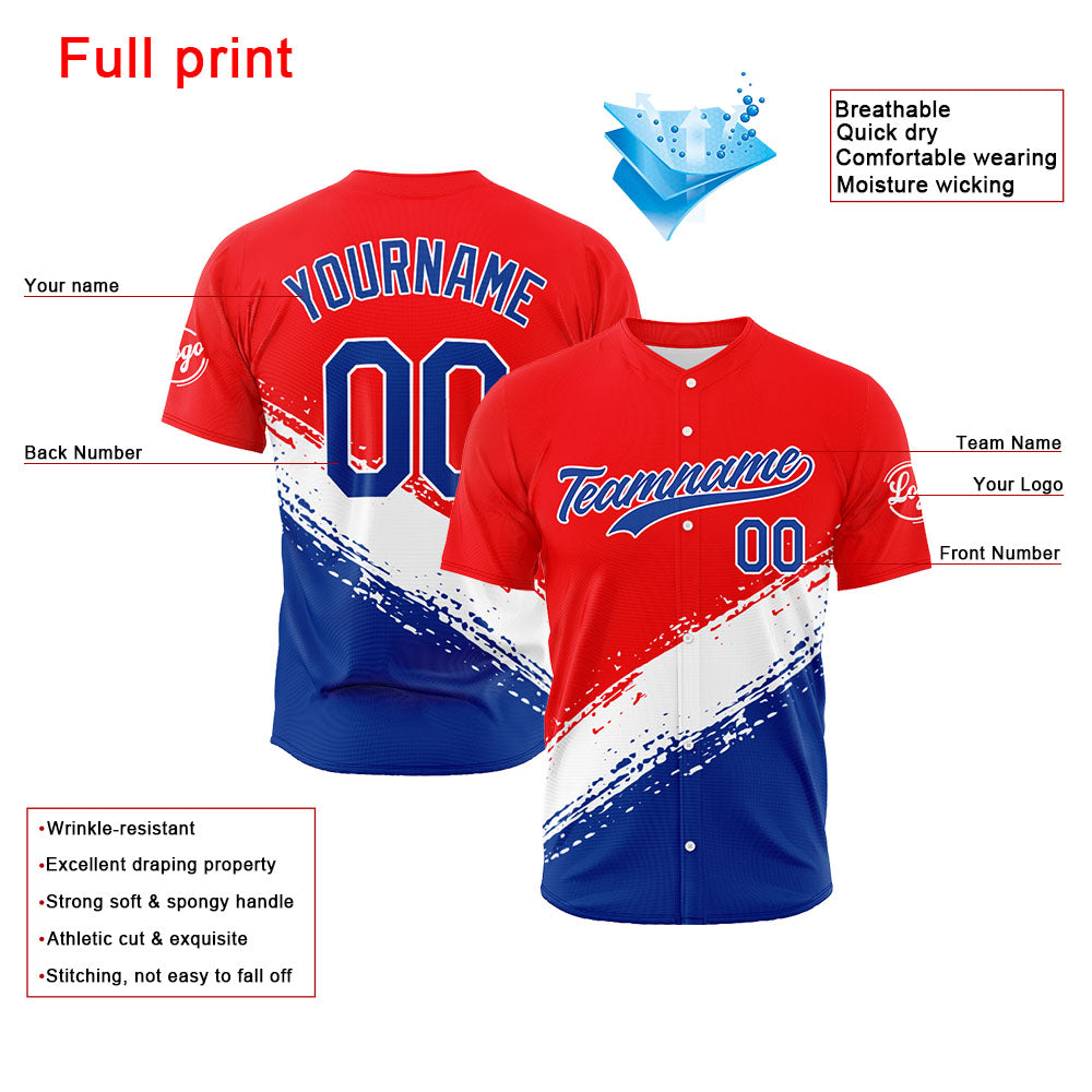 Custom Full Print Design Baseball Jersey red-blue-white