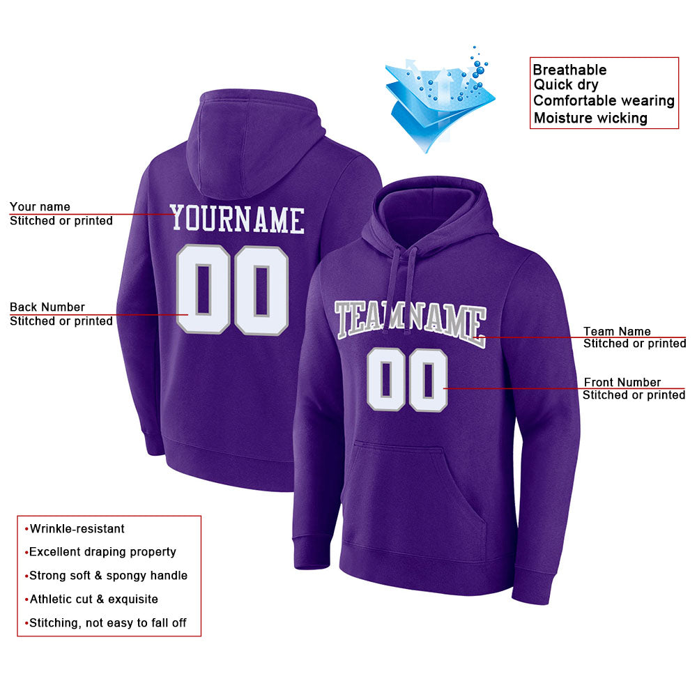 custom authentic pullover sweatshirt hoodie purple-white-gray