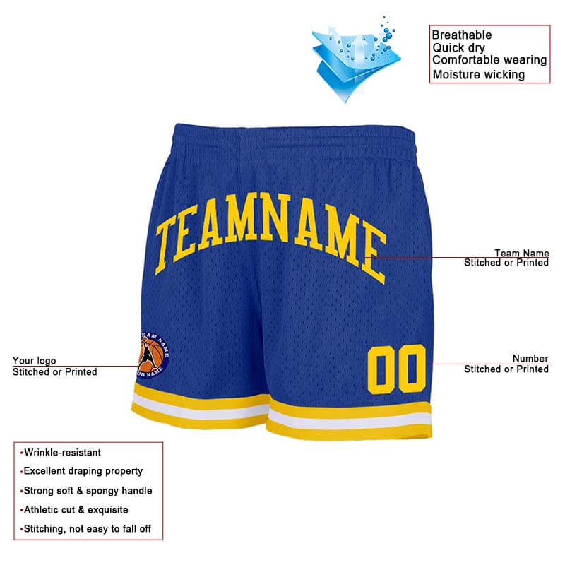 custom royal-yellow-white authentic throwback basketball shorts