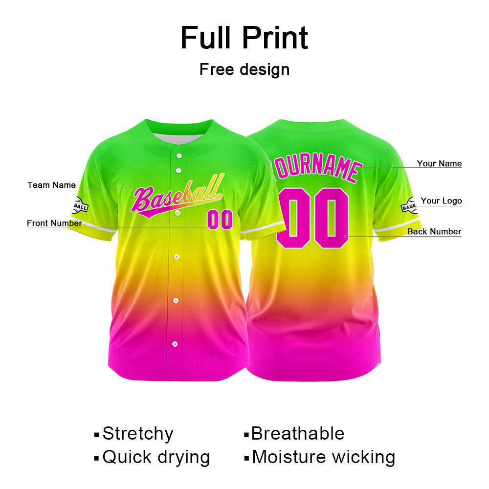 Custom Full Print Design Baseball Jersey rose red-yellow-green