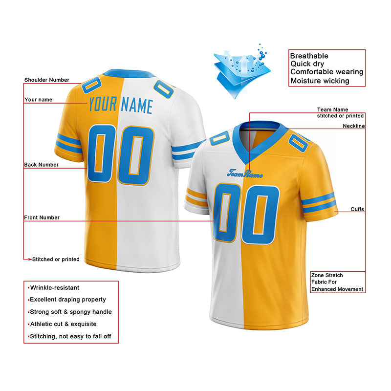 custom authentic split fashion football jersey light blue-yellow-white mesh