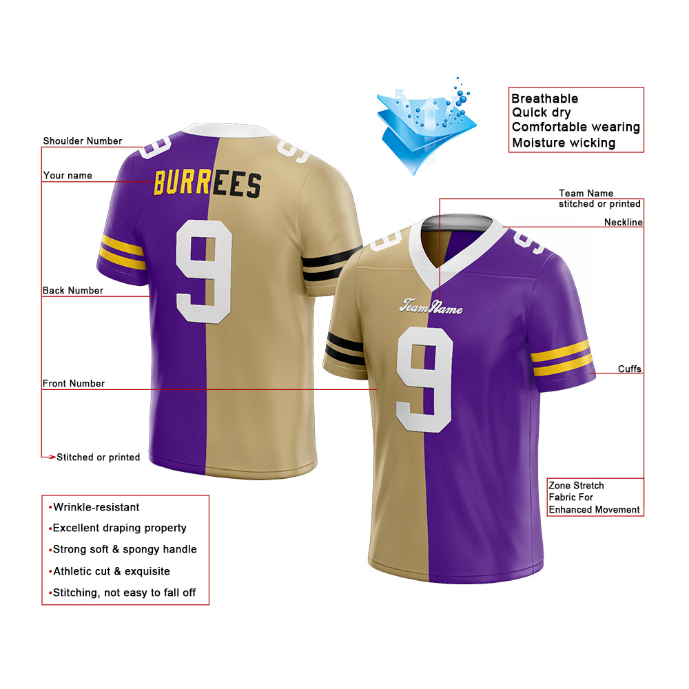 custom authentic split fashion football jersey gold-purple mesh