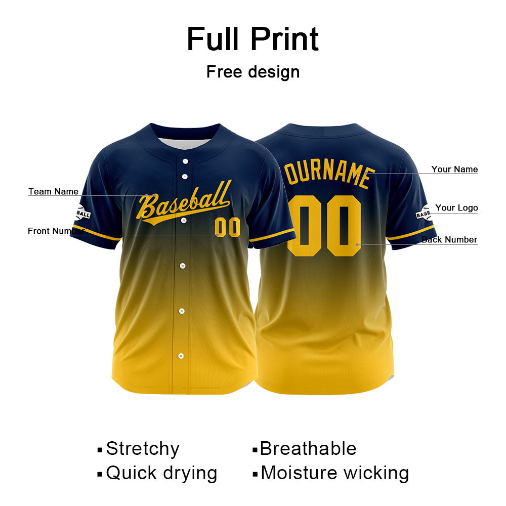 Custom Full Print Design Baseball Jersey yellow-navy