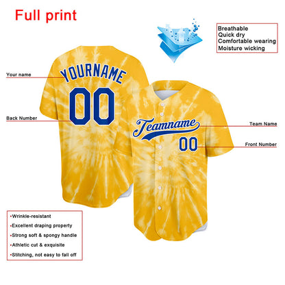 custom full print design authentic yellow tie-dyed baseball jersey