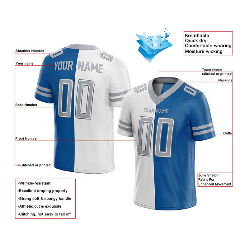 custom authentic split fashion football jersey blue-white-gray mesh