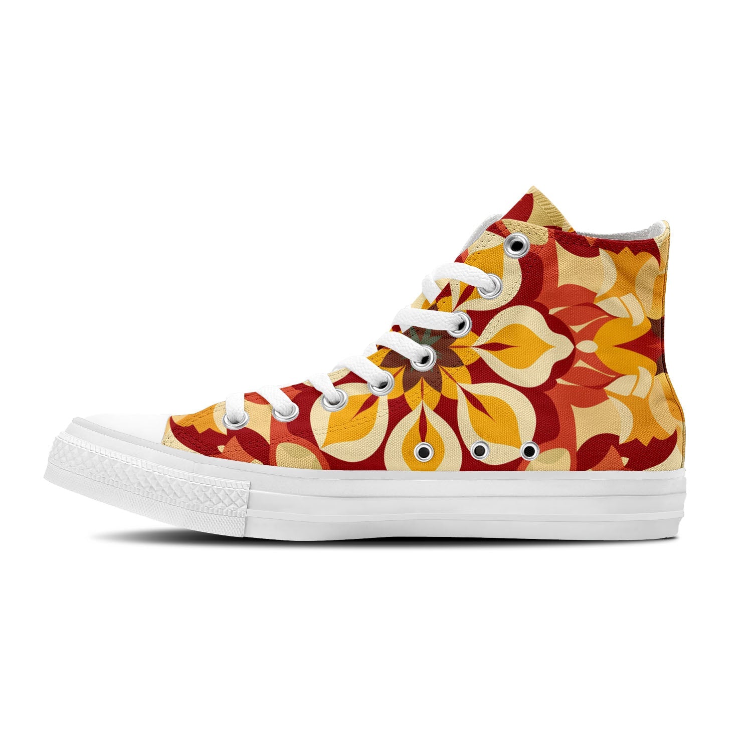 Walk the streets in unparalleled style with our Mid-Cut Canvas Shoes, featuring intricate Moroccan-inspired patterns in a vibrant palette of reds, yellows, and greens