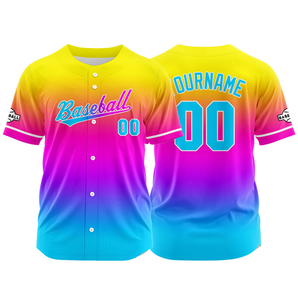 Custom Full Print Design Baseball Jersey light blue-purple-yellow