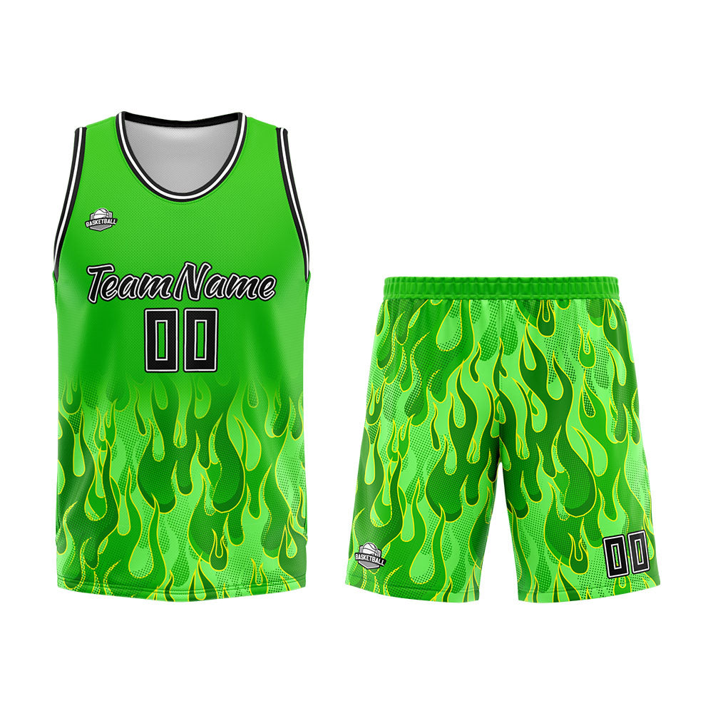 Custom Basketball Jersey Uniform Suit Printed Your Logo Name Number Flame&Green