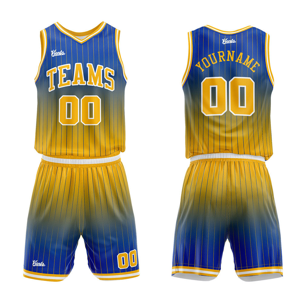 custom stripe gradient basketball suit for adults and kids  personalized jersey blue-yellow