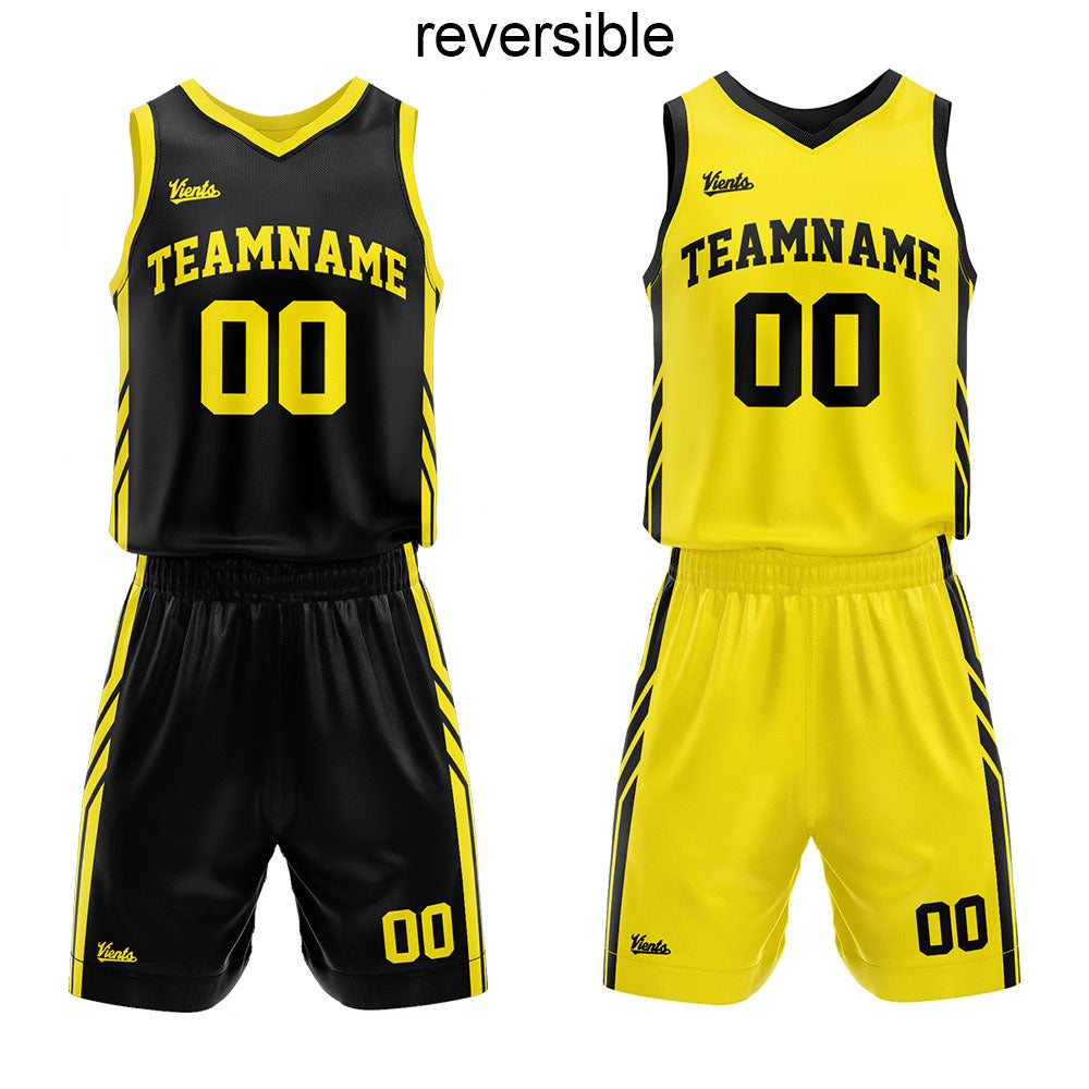 custom reversible basketball suit for adults and kids  personalized jersey black-yellow