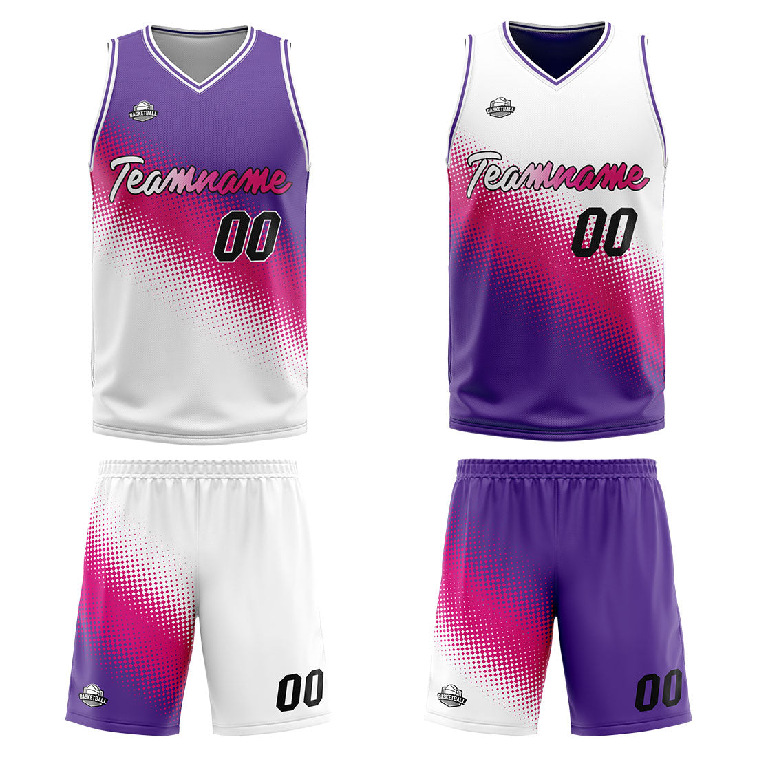 Custom Reversible Basketball Suit for Adults and Kids Personalized Jersey White-Hot Pink-Purple