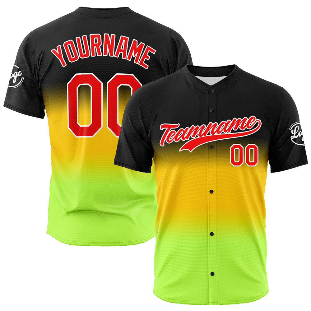 Custom Full Print Design Baseball Jersey Black-Yellow-Neon Green