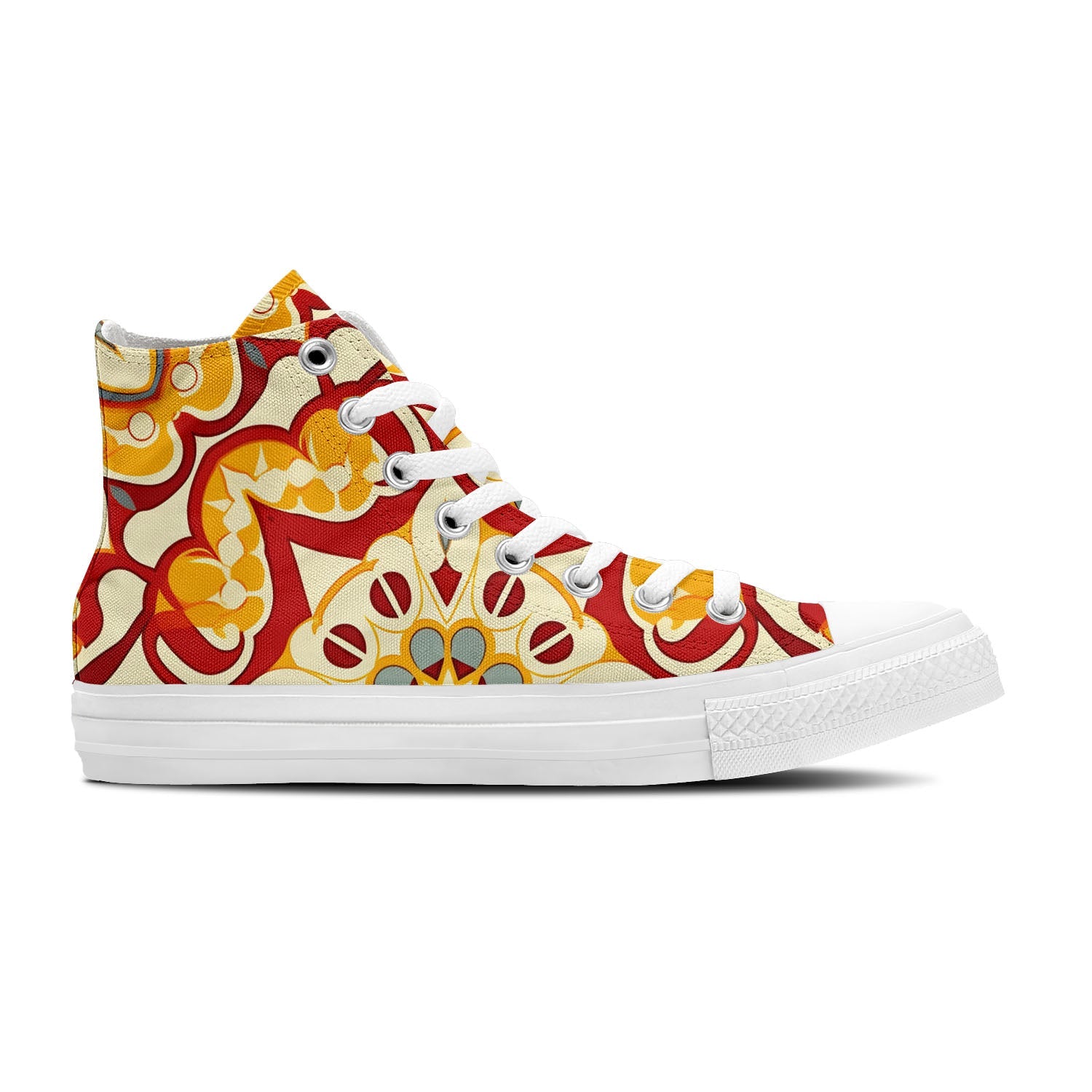 Walk the streets in unparalleled style with our Mid-Cut Canvas Shoes, featuring intricate Moroccan-inspired patterns in a vibrant palette of reds, yellows, and greens