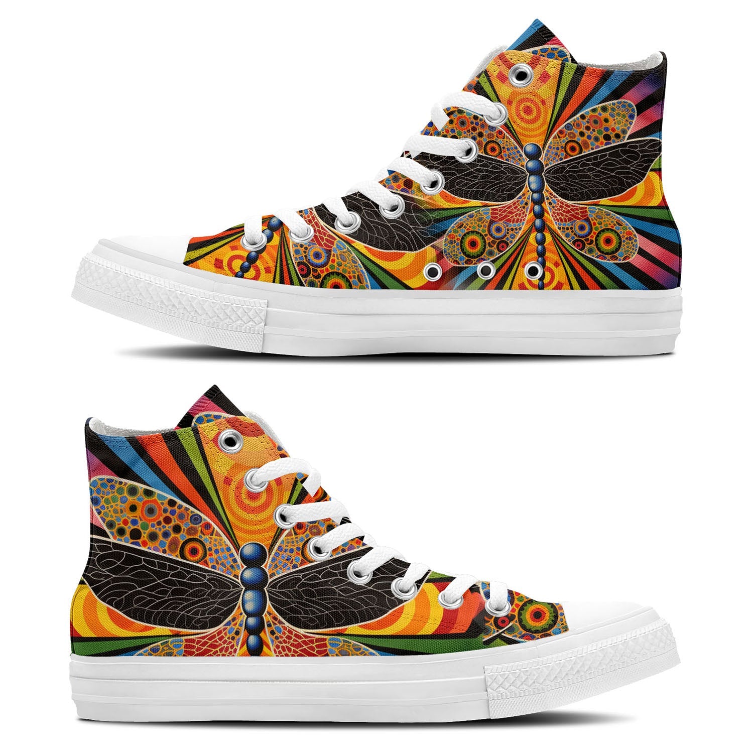 Artistic Flight: Central-High Canvas Shoes featuring Op Art Dragonfly Illustrations – Elevate Your Fashion Game for Both Genders