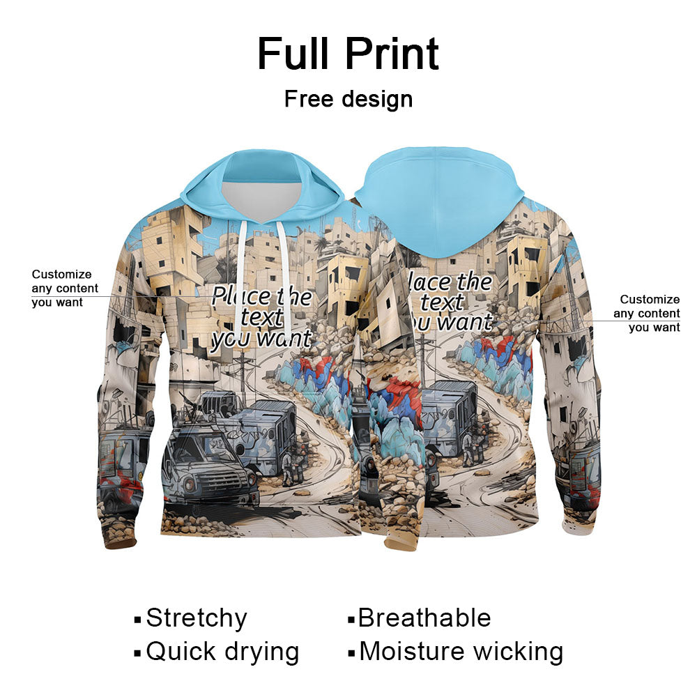 Custom Light Blue 3D Pattern Design Bomber Full-Snap Varsity  Hoodie
