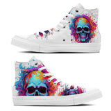 Chromatic Macabre: Unleash the Power of Fashion Rebellion with Men and Women's Mid-Top Canvas Shoes - Skull Artistry Meets Pencil Chic in a Vivid Palette of Style
