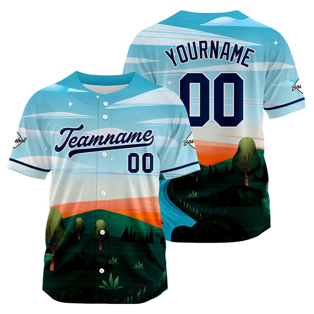 Custom Full Print Design Baseball Jersey light blue-black-orange