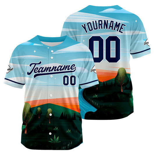 Custom Full Print Design Baseball Jersey light blue-black-orange