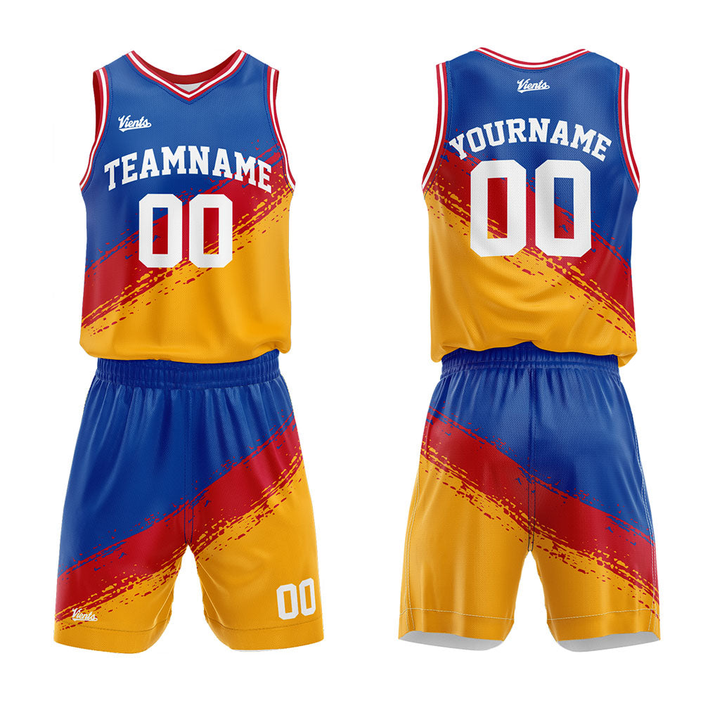custom brush basketball suit kids adults personalized jersey royal-red-yellow