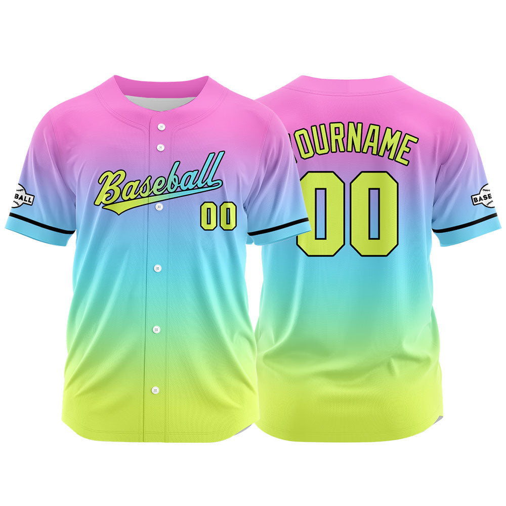 Custom Full Print Design Baseball Jersey yellow-light blue-pink purple