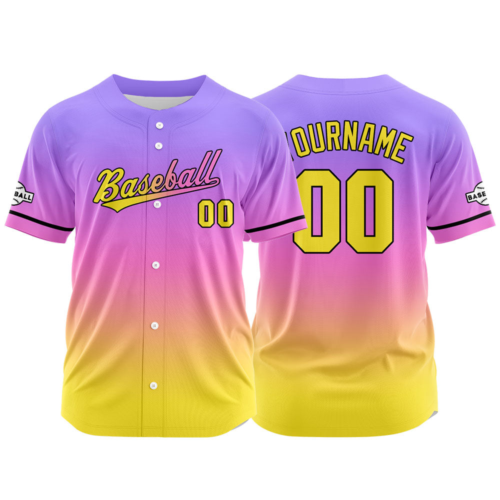 Custom Full Print Design Baseball Jersey yellow-pink-purple